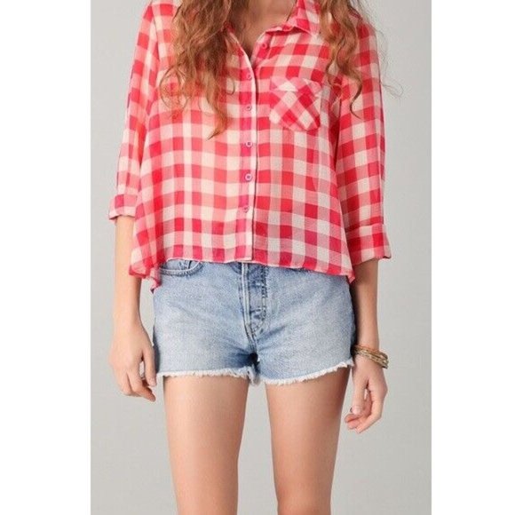 Free People Red Gingham Plaid Semi Sheer Flowy Button Front Shirt Size S Airy - Picture 3 of 15